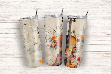 Preview: Thermobecher mit Violin-Design – Eleganz für Musikliebhaber (590ml) Preview: Drei Thermobecher mit elegantem Violin-Design, verziert mit floralen Mustern, Schmetterlingen und Musiknoten, nebeneinander auf einem weißen Holzuntergrund präsentiert. Perfekt für Musiker und Liebhaber klassischer Kunst.